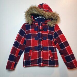 Justice Girl's Size 10 Red And Blue Plaid Fur Hooded Jacket Toggles Fall/winter